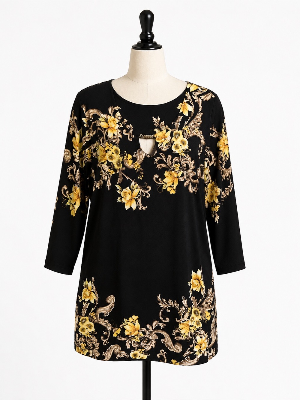 JM Collection Black Tunic with Yellow Floral Scroll Print